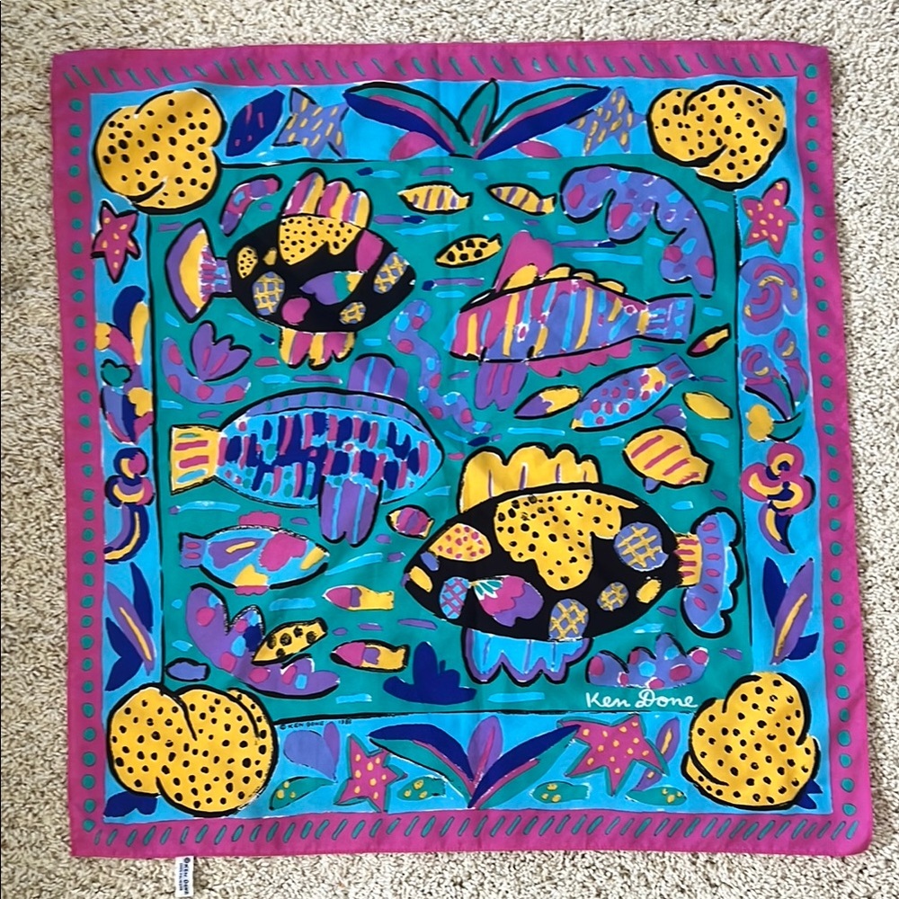 Colorful Ken Done 1985 Fish Print Scarf made in Japan